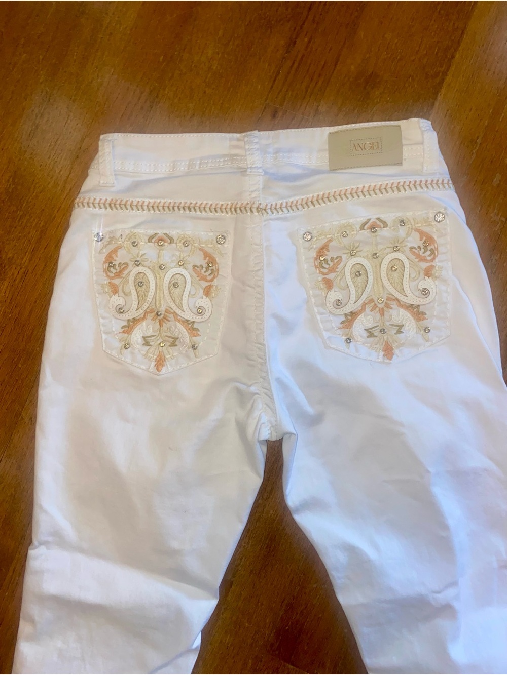 Angel rhinestone and gold thread bootcut jeans